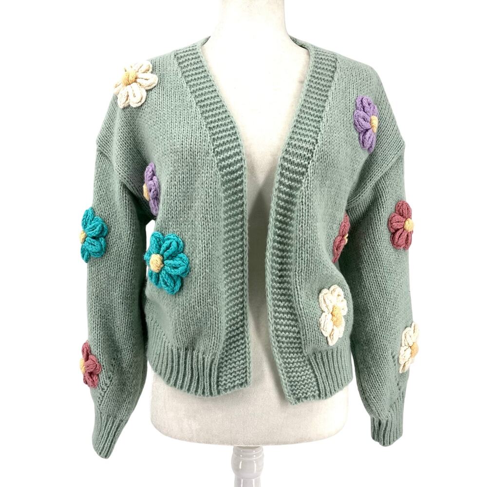 Luna Ivy Women's M Oversized Short Spring Green Chunky Knit Daisy Cardigan - Picture 2 of 8